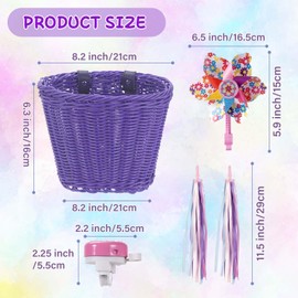 Kids Bike Basket, Bike Basket Front Bike Accessories for Girl Boys, Woven Bicycle Basket with Stickers, Bike Bell, Windmill, and 1pairs Purple Tassels