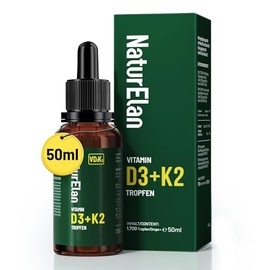 Vitamin D3 K2 High Dose Drops - 50 ml, 1000 IU Vitamin D3 per Drop, Vegetarian, No Additives, Laboratory Tested