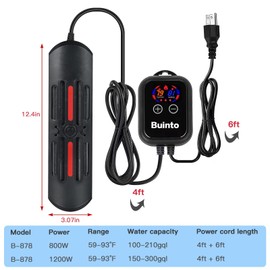 Buinto Aquarium Heater, 800W, 1200W Bold Double Quartz Tube Heater, Fast Heating, high-Definition Digital Touch Controller, Energy Saving. (Applicable to Fresh Water and sea Water) (1200W)