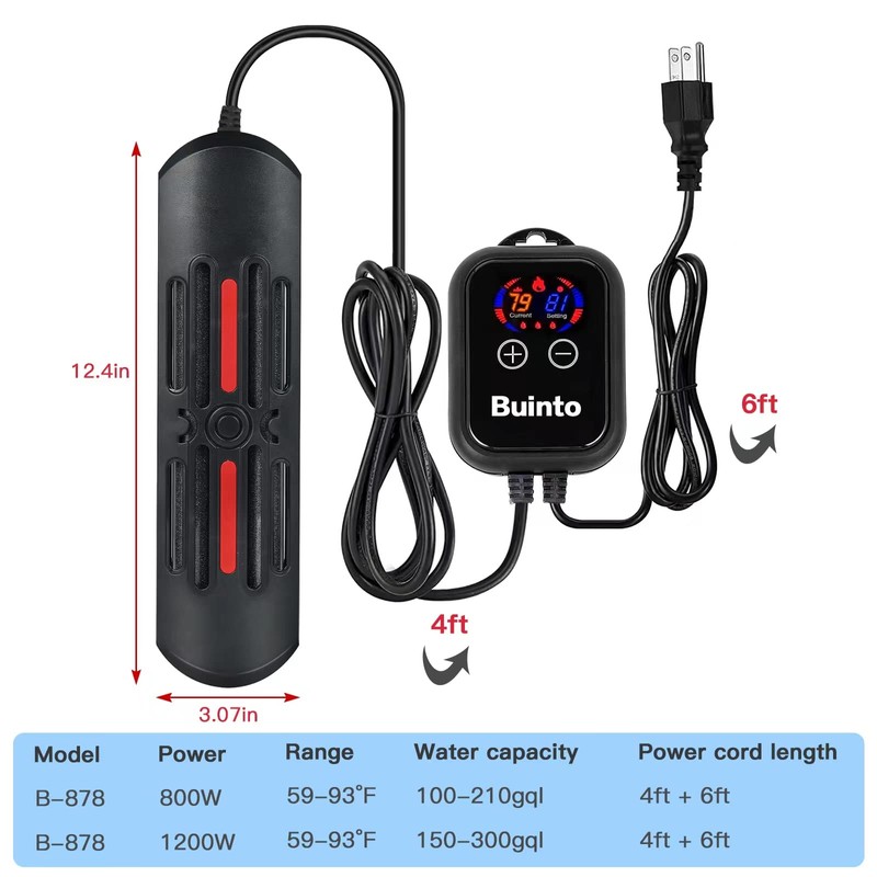 Buinto Aquarium Heater, 800W, 1200W Bold Double Quartz Tube Heater,