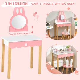 Costzon Kids Vanity Set with Mirror, 2 in 1 Princess Makeup Dressing Table w/Detachable Top, Toddler Vanity with Chair, Drawer & Solid Wood Legs, Pretend Play Vanity Set for Little Girls (White)
