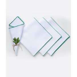 D'Moksha Homes Linen Dinner Napkins 20 x 20 Inch, 100% Pure Linen White Cloth Napkins with Green Embroidered Trim Set of 4, Scalloped Napkins for Christmas, Thanksgiving, Machine Washable