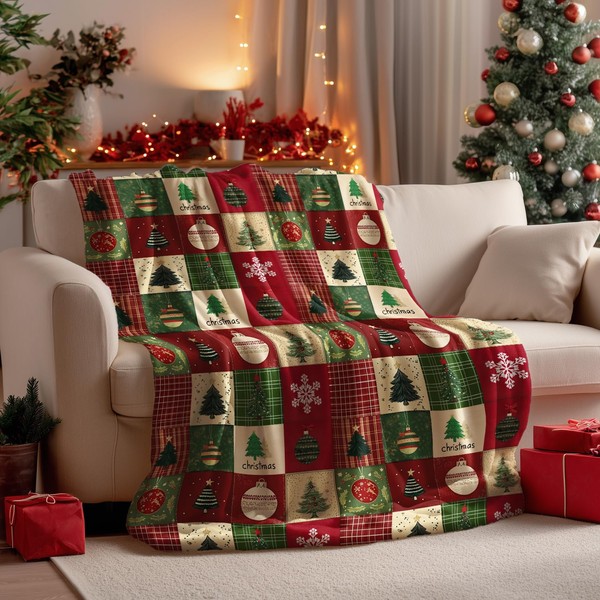 Horaldaily Christmas Flannel Blanket Throw, Red Green Checkered Tree Snow