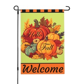 Hello Fall Pumpkin Garden Flag Double Sided, Weather Resistant Welcome Autumn Holiday Harvest Yard Flag Burlap Outside Decorative Flag for Patio Lawn Home Courtyard 12x18inch