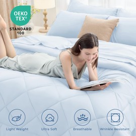 HEVUMYI Light Blue Queen Comforter Set - 7-Piece All Season Bed in a Bag Queen, Ultra Soft Bedding Set with Comforter, Flat Sheet, Fitted Sheet, Pillowcases, Pillow Shams