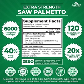 Zazzee Extra Strength Saw Palmetto 20:1 Extract, 6000 mg Strength, 40% Fatty Acids, 120 Vegan Capsules, 4 Month Supply, Concentrated and Standardized 20X Extract, Non-GMO, All-Natural, Made in the USA