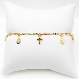 LESLIE BOULES Beautiful and Modern Gold-Plated Religious Anklet with Virgin of Guadalupe and Cross Charms - Adjustable up to 10 Inches
