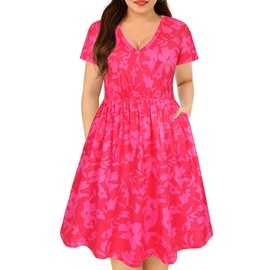Ritera Plus Size Dress for Women Pink Floral Print Summer Dress Tie Waist V Neck Short Sleeve Flowy Casual Dress with Side Pockets 2XL 18W 20W