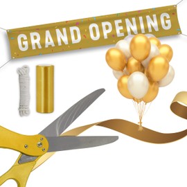 SIRCLES Grand Opening Ribbon Cutting Ceremony Kit - 25" Giant Scissors, 5yd of 4" Wide Ribbon, 10ft Banner, 8 Gold & 8 White Balloons, 19 ft Banner Rope, 2 Rolls Balloon Ribbon - Grand Opening Kit