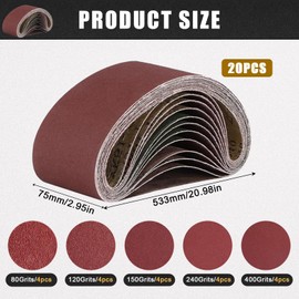 JAONLD Pack of 20 Sanding Belts 75 x 533 Belt Sander Sanding Belts 4 Each of 80, 120, 150, 240 and 400 Suitable for Sanding, Sharpening and Rust Removal with Belt Sanders