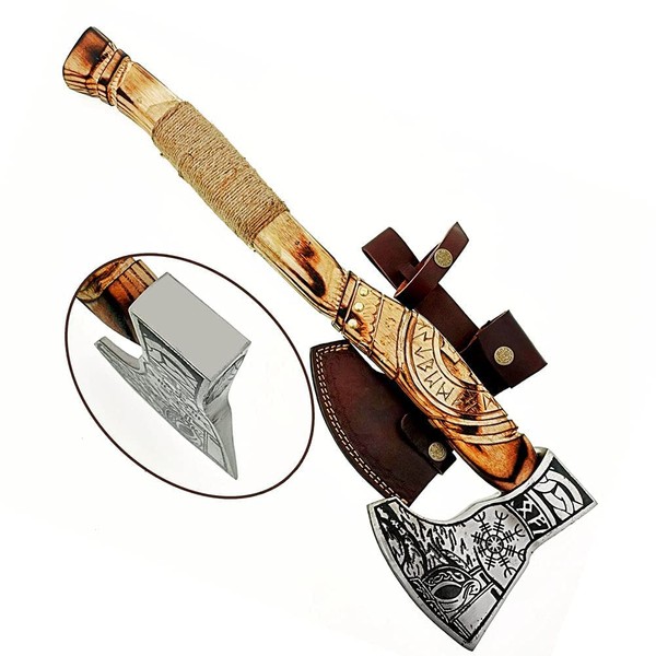AX-7000 Custom Gift Forged Carbon Steel Viking Axe with Rose Wood Shaft, Viking Bearded Camping Axe (AX-7000) (AX-7000)