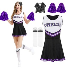 Kitimi Cheerleader Costume Women for Adults, Cheerleadering Outfit Fancy Dress Uniform with Pompoms Hair Scrunchie Socks, High School Cheerleader Costume for Fancy Dress Carnival Party Cosplay Fancy