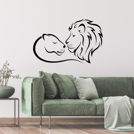 Vinyl Wall Decal King and Queen Lions in Heart Shape Animals Stickers Mural Large Decor (g9603) Black
