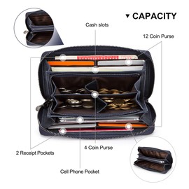 Contacts RFID Blocking Genuine Leather Wallet Mens Zipper Around Purse Card Phone Holder Coin Clutch Organizer Travel Wallet Vintage(Dark Blue)