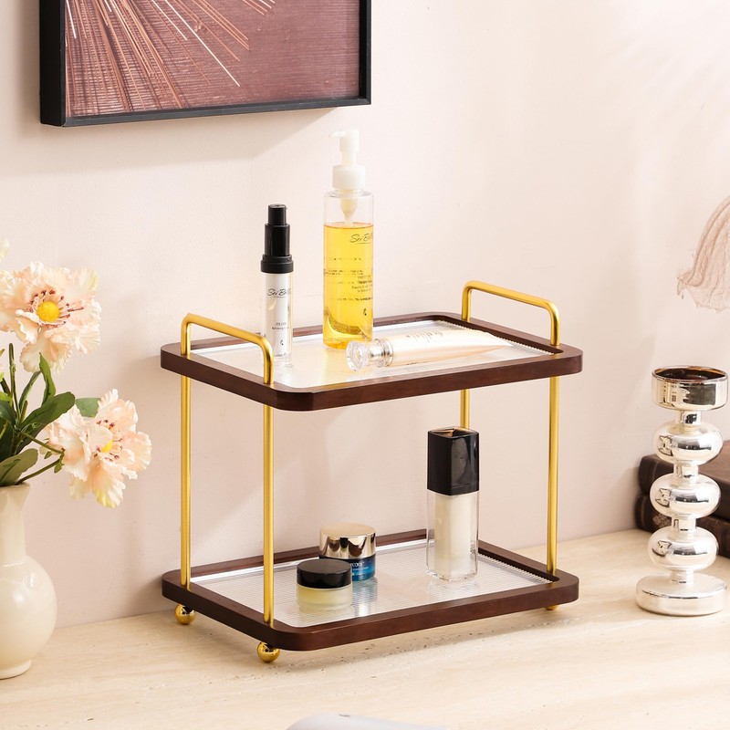 2-Tier Bathroom Counter Organizer with Transparent Stripe Acrylic Shelves, Brown