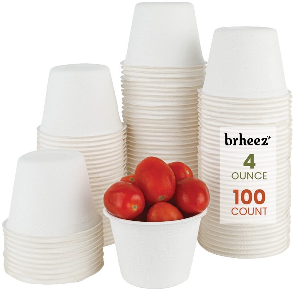 brheez 4 oz - Pack of 100 Disposable Bagasse Fiber Souffle Cups , 100% Natural Biodegradable & Compostable , Perfect for Condiments Small Portion & Samples Eco Friendly Paper Alternative - White