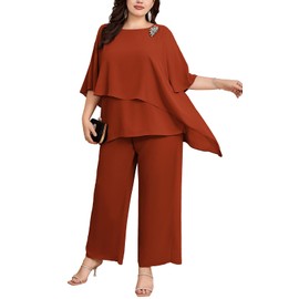 Hanna Nikole Mother of The Bride Pant Suits for Wedding Plus Size Chiffon Cocktail Pant Suit Sets Rust Red 14 Plus