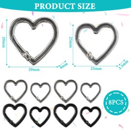 8 PCS Heart Carabiner,Heart Keychain Clip,Cute Carabiner Clip,Zinc Alloy Heavy Duty Heart Shaped Carabiner,Suitable for Camping,Hiking,Fishing Trips (Bright Silver + Gun Black)