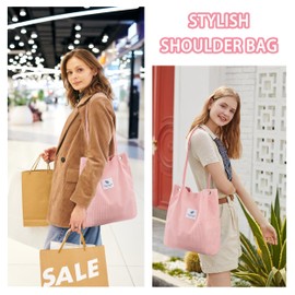 Heveer Large Shoulder Bag Cord Bag Women's Shopper Tote Bag Handbag Shoulder Bags Shopping Bag for Everyday Work Office School, pink