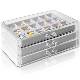 GOMETY Acrylic Jewellery Organiser, Jewellery Box Acrylic Jewellery Box with 3 Drawers, Earring Storage, Jewellery Storage, Jewellery Box Made of Velvet for Earrings, Ring Jewellery Organiser