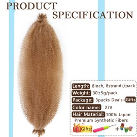 Afro Twist Hair Pre Separated Springy Afro Twist Hair Pre stretched Wrapping Hair for Soft Locs Marley Twist Braiding Hair Afro Kinky Twist Hair Extensions (8 Inch (Pack of 3),27#)