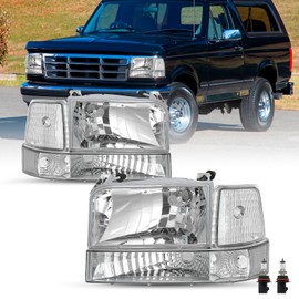 SOCKIR 6PCS Headlight Assembly Fit for 1992-1996 Ford F150 /Bronco 1992-1997 Ford F250 F350 Super Duty w/Corner Signal Bumper Lights, Chrome Housing with Amber Reflector (Bulbs Included)