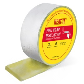 HEATIT Foil-Backed Fiberglass Pipe Wrap, Pipe Insulation Wrap for Outdoor,Foam Wrap for Freezing Weather Protection,3" Wide x 1" Thick x 25' Long (2Pack)