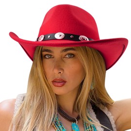 DRESHOW Women Men Classic Felt Wide Brim Western Cowboy & Cowgirl Cap Belt Buckle Retro Panama Hat Unisex Rolled up Caps