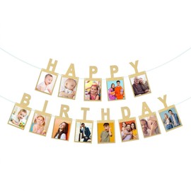 Birthday Photo Banner, Gold Happy Birthday Party Decoration, Annual Milestone Celebration