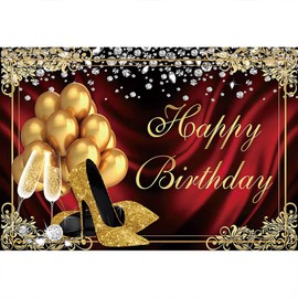 Laeacco 8x6ft Birthday Backdrop, Gold Balloons High Heels Beauty Lady Happy Birthday Photography Background Glittering Red Curtain Backdrop for Theme Party Supplies Studio Photo Booth Props