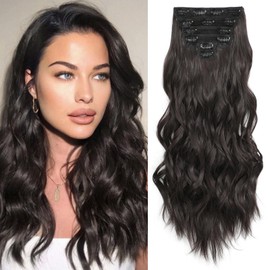 Fliace Extensiones De Cabello Con Clip, 6 Unidades De 24 Pulgadas, Postizos Negros Largos Y Ondulados (24 Pulgadas, 6 Unidades, Marrón Oscuro)