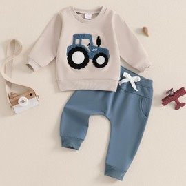 M9ppzzur7 Toddle Baby Boys 2PCS Outfit Tractor Embroidery Long Sleeve Sweatshirt and Solid Pants Set Spring Clothes (Blue, 12-18 Months)