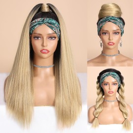 WIGNEE Blonde Kinky Straight Headband Wig for Women 22 Inches Yaki Straight Wigs with Black Headband Kinky Straight Wigs for Black Women (1B/Mixed Blonde, 22 Inch)