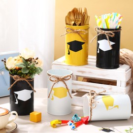 Domensi 6 Pcs 2025 Graduation Table Centerpiece Decor Grad Galvanized Metal Vases for Flowers Graduation Cap Tin Vase Utensil Holder Mason Jars for Kitchen Home Congrats Grad Party Decorations Gifts