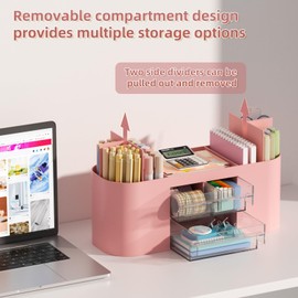 Marbrasse Desk Organiser with 3 Drawers,Multi-Functional Pen Holder,Desk Tidy and Accessories with 7 Compartments for Home,School,Classroom (Pink)
