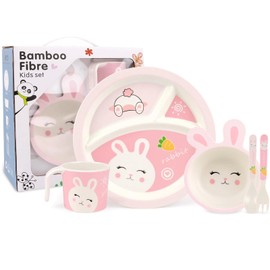PHEENOWL Rabbit Toddler Plate Set 5 Pieces Includes 3-Section Divided Plate, Bowl, Tumbler and Utensil Tableware, Non-BPA Bamboo Fiber Material Perfect for Girls (Rabbit)