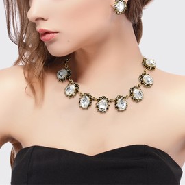 Clearine Victorian Style Statement Necklace and Earrings Jewellery Set for Women Cameo Inspired Oval Crystal Jewellery Set for Women Party Prom Jewellery Emerald Green Antique Gold Tone, Crystal