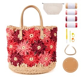 Noocro Crochet Kit for Intermediate or Advanced Level, Floral Raffia Bucket Bag, Purse, Step by Step Video Tutorial, Detailed Instruction Complete Kit Craft Supplies Holiday Gift (Rosy Bloom)