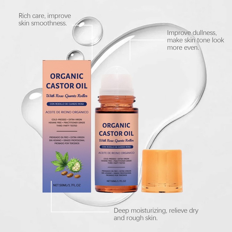 2PC Organic Castor Oil Roll-On with Rose Quartz,100% Pure Cold-Pressed