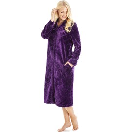 Camille Women's Super Soft Fleece Housecoat - Diamond Emboss Luxury Zip Up Bathrobe - Long Sleeved and Side Pockets Purple 18-20