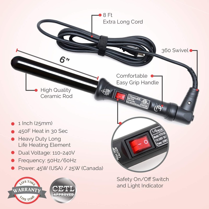 Le Angelique 1 Inch Ceramic Curling Wand for Beach Waves,