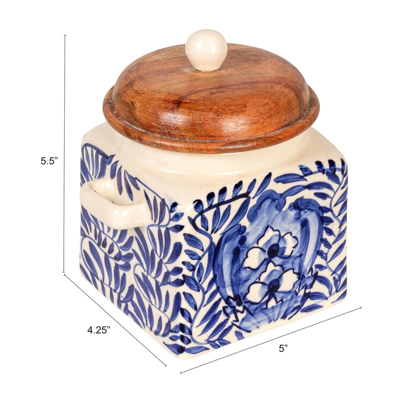 Creative Co-Op Stoneware Canister with Design, Lid and Spoon, Cream,