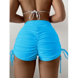 SherryDC - Pantalones cortos de baño de cintura alta para mujer, corte en V, parte inferior de bikini con cordón y fruncido, Azul-cielo, L