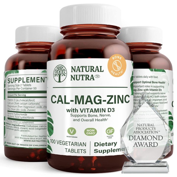 Natural Nutra Calcium Magnesium Zinc Supplement with Vitamin D3 for Bone Strength, Gluten Free and Sugar Free, Essential Mineral Complex 100 Count (Pack of 2)