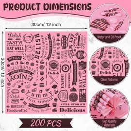 Marspark Deli Wax Paper Sheets 12 x 12 Inch Square Grease Resistant Tray Basket Liners Hot Dog Wrappers Newsprint Water and Grease Proof Sandwich Wrapping Paper for Food Baking(Pink Black,200 Pcs)