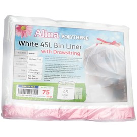 Alina 75 x 45L Polythene Drawstring Bin Liner/Bin Bag/Medium-weight 45 Litre White Plastic Draw Tape Garbage Sack (75 bags)