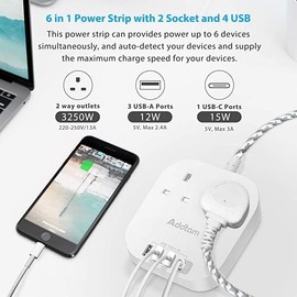 5M Extension Lead, Power Strips with 2 Way Outlets 4 USB (4.5A, 1 Type C and 3 USB A Ports) Surge Protection Plug Extension Socket with Braided Extension cord for Home/Office
