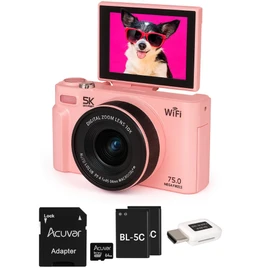 5K Digital Camera for Photography & Video – 75MP UHD Vlogging Camera with WiFi, Autofocus, 3" Flip Screen, 18X Zoom – Compact Travel Camera for YouTube with 64GB SD Card (Starter Kit, Pink)