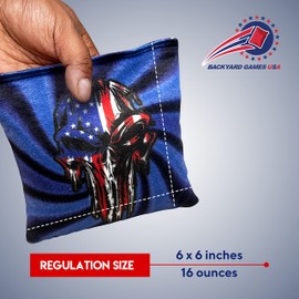 BackYardGamesUSA Cornhole Bags Sets of 8 Regulation Professional for Tournament, Slick n Stick Corn Hole Beans Bags for Cornhole (Blue/Red Swirly American Skull, All Weather Plastic Resin Filled)