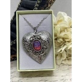 FANCY FOX BOUTIQUE Mexican Fire Opal Birthday Slvr Heart Engraved Valentine’s Day Locket Necklace